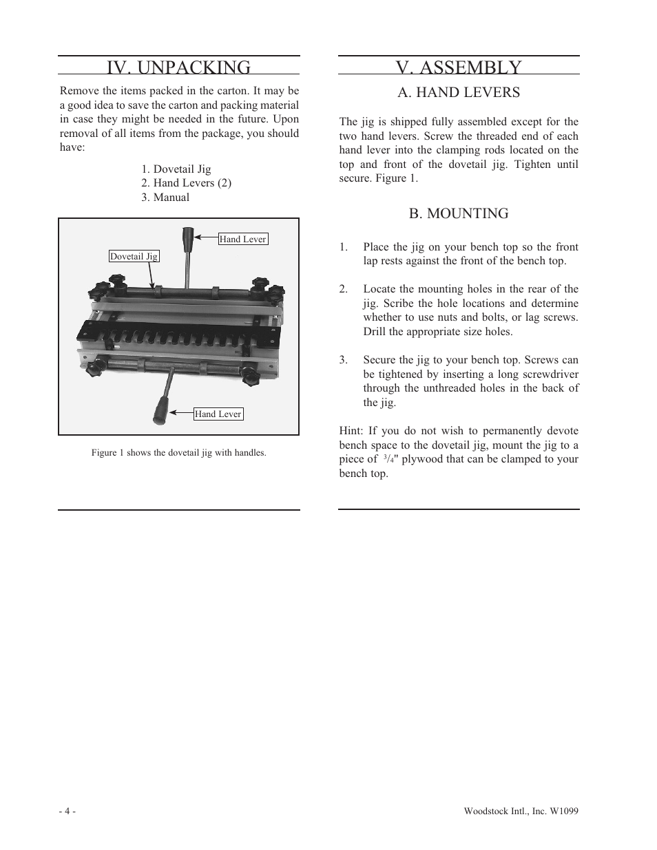 Iv. unpacking, V. assembly, A. hand levers | B. mounting | Woodstock W1099 User Manual | Page 5 / 21