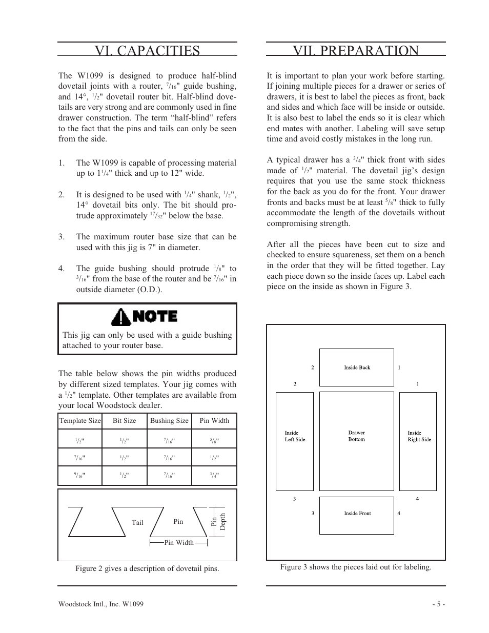 Vi. capacities vii. preparation, Guide bushing, and 14, Shank | Thick front with sides made of | Woodstock W1099 User Manual | Page 6 / 21