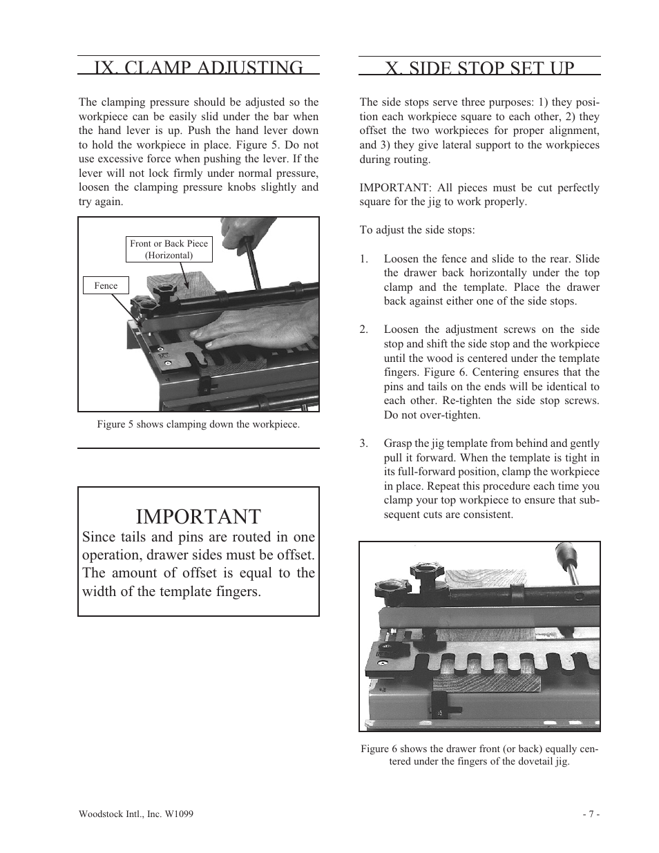 Important, Ix. clamp adjusting, X. side stop set up | Woodstock W1099 User Manual | Page 8 / 21