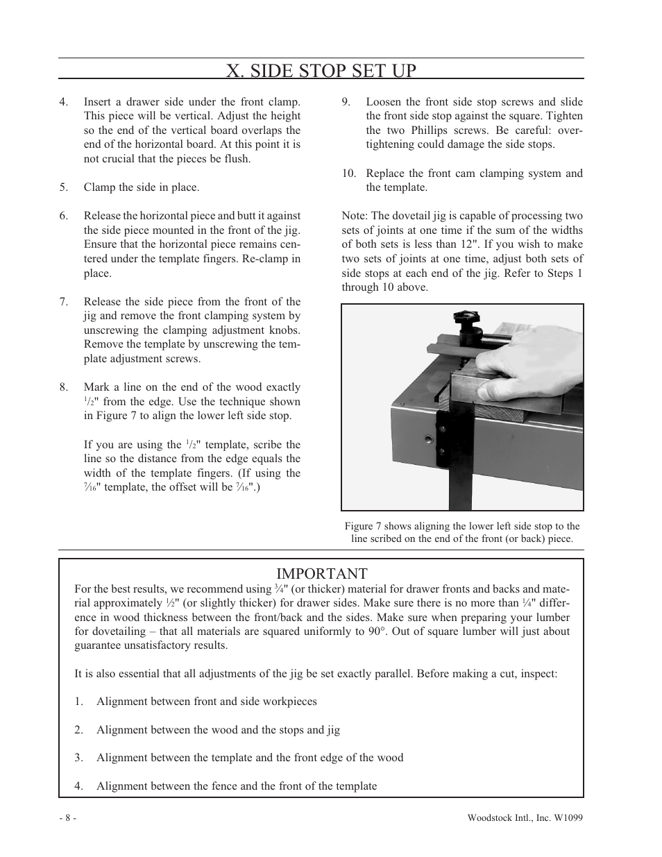 X. side stop set up, Important | Woodstock W1099 User Manual | Page 9 / 21
