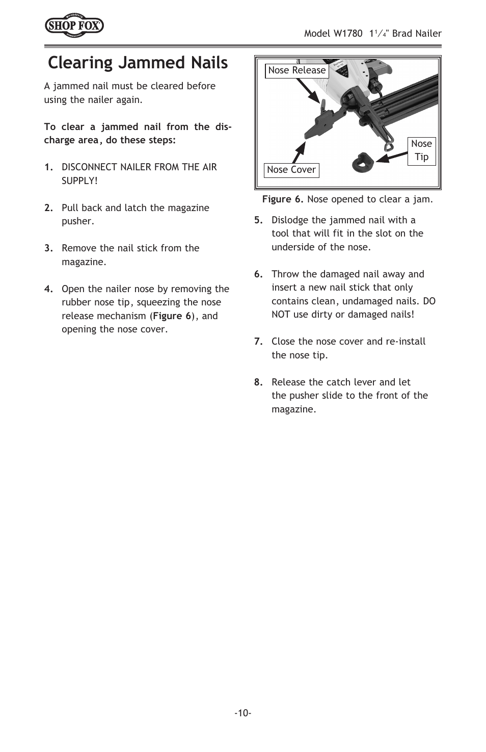 Clearing jammed nails | Woodstock W1780 User Manual | Page 12 / 20