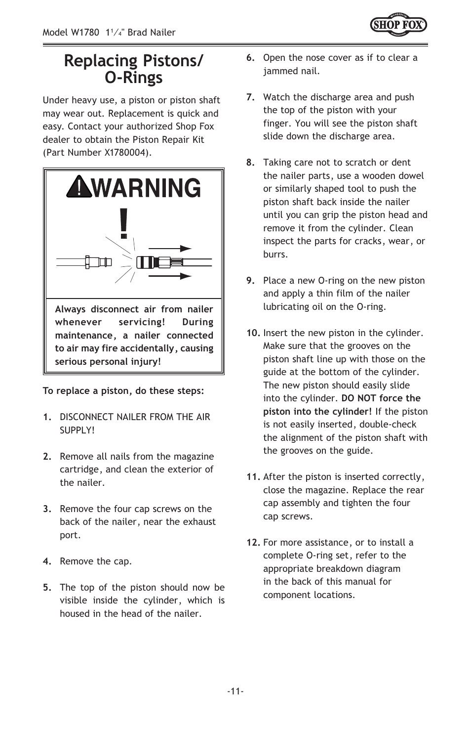 Replacing pistons/ o-rings | Woodstock W1780 User Manual | Page 13 / 20