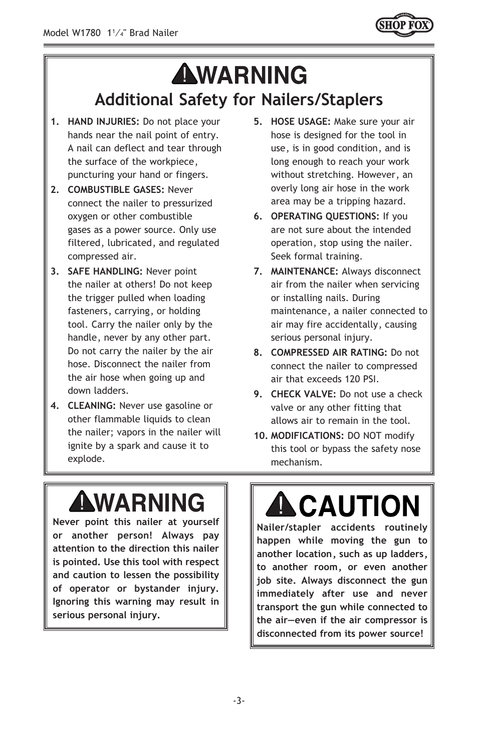 Additional safety for nailers/staplers | Woodstock W1780 User Manual | Page 5 / 20