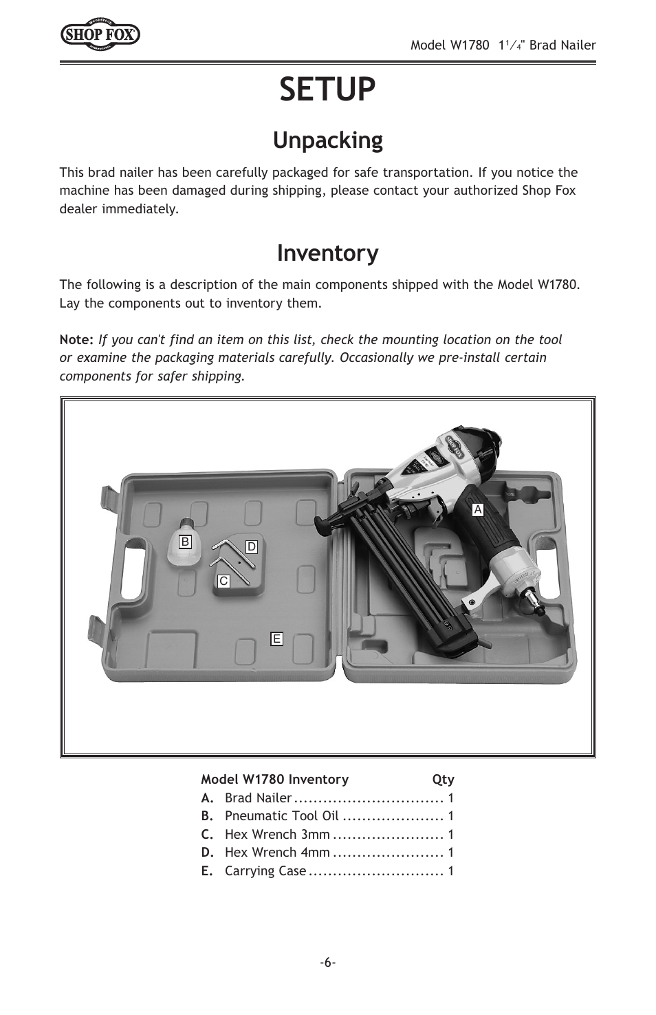 Setup, Inventory, Unpacking | Woodstock W1780 User Manual | Page 8 / 20