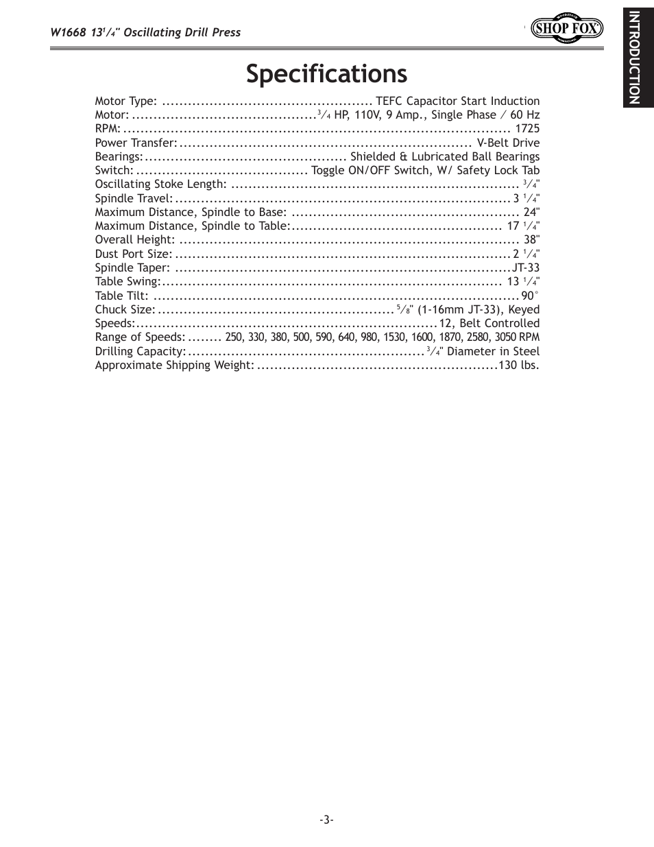 Specifications | Woodstock W1668 User Manual | Page 5 / 40