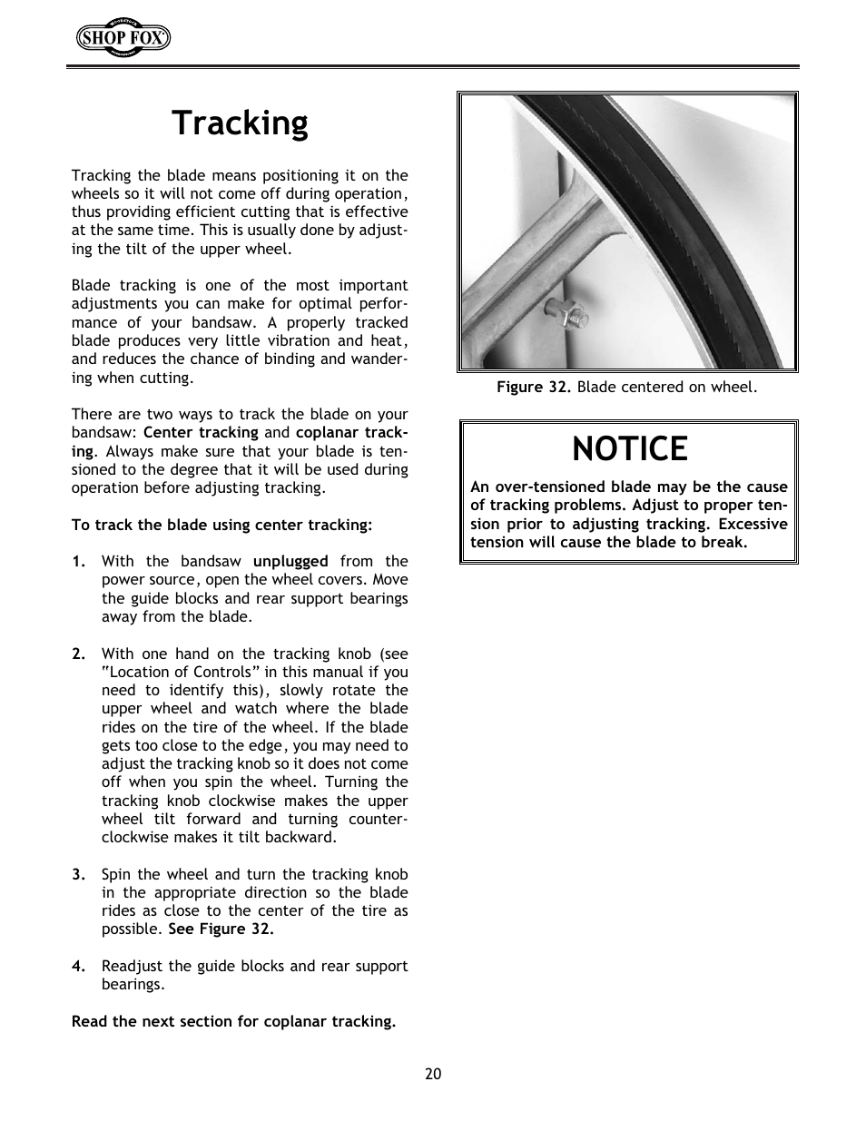 Tracking, Notice | Woodstock W1673 User Manual | Page 21 / 45