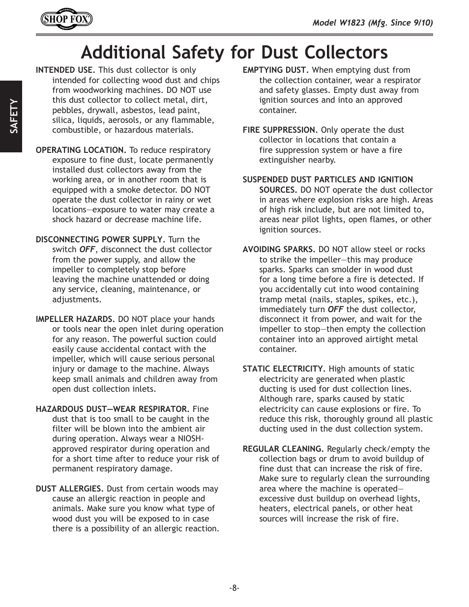 Additional safety for dust collectors | Woodstock PORTABLECYCLONE W1823 User Manual | Page 10 / 44