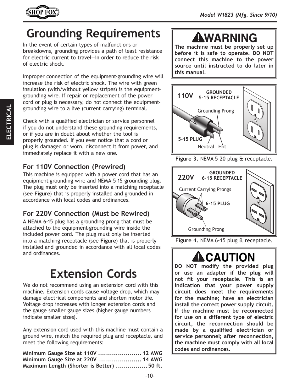 Grounding requirements, Extension cords | Woodstock PORTABLECYCLONE W1823 User Manual | Page 12 / 44