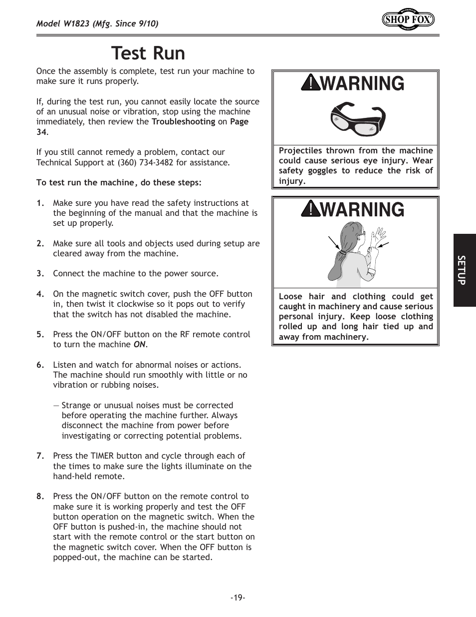 Test run | Woodstock PORTABLECYCLONE W1823 User Manual | Page 21 / 44