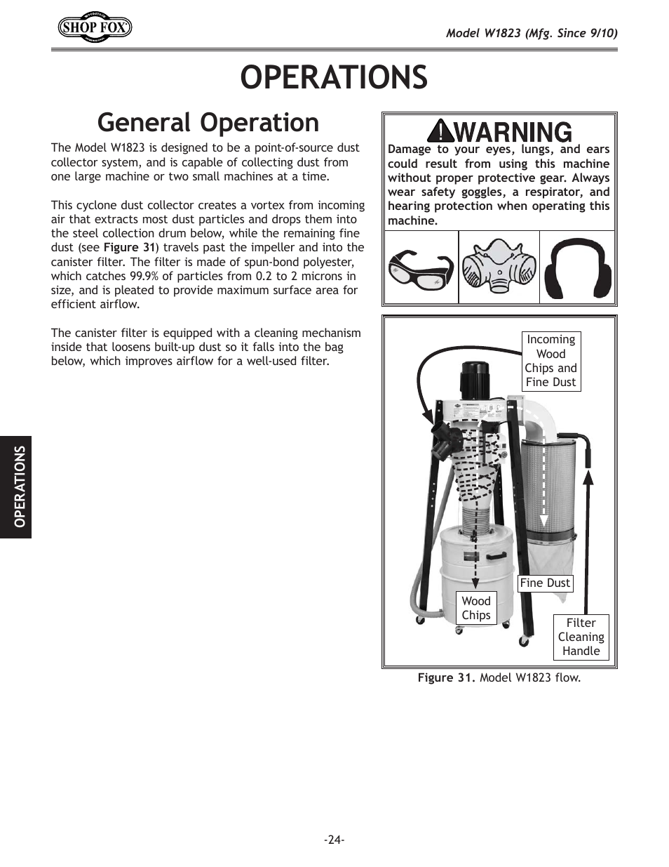 Operations, General operation | Woodstock PORTABLECYCLONE W1823 User Manual | Page 26 / 44