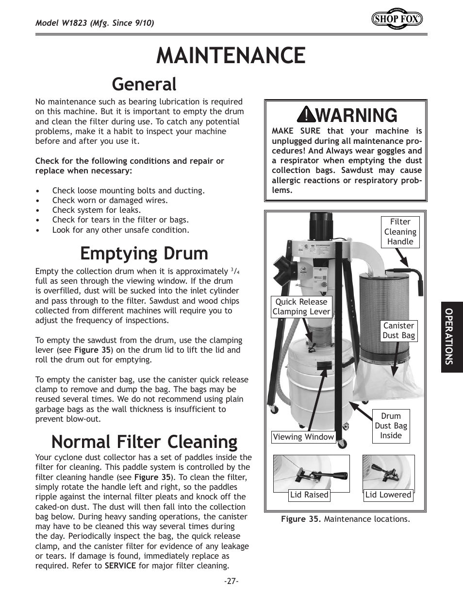 Maintenance, Emptying drum, General | Normal filter cleaning | Woodstock PORTABLECYCLONE W1823 User Manual | Page 29 / 44