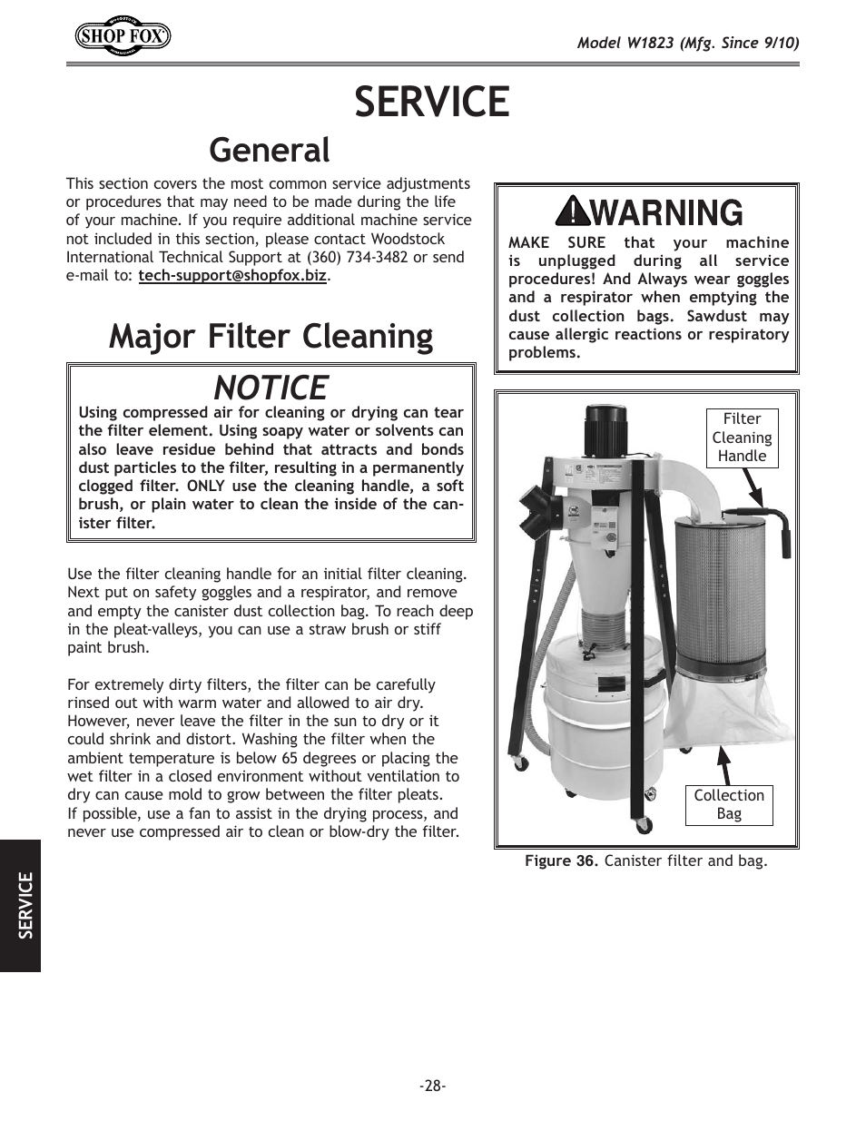 Service, General major filter cleaning, Notice | Woodstock PORTABLECYCLONE W1823 User Manual | Page 30 / 44