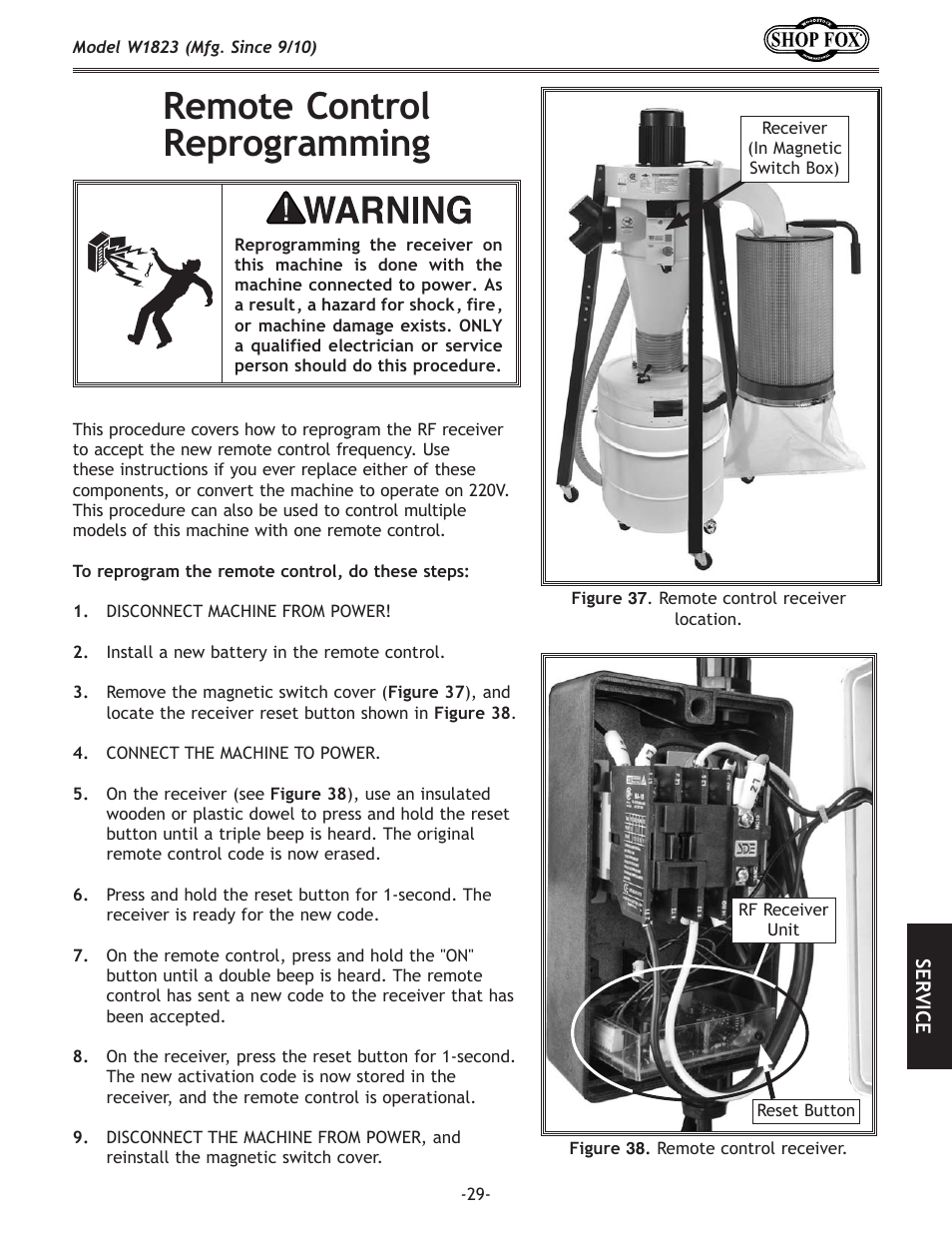 Remote control reprogramming | Woodstock PORTABLECYCLONE W1823 User Manual | Page 31 / 44