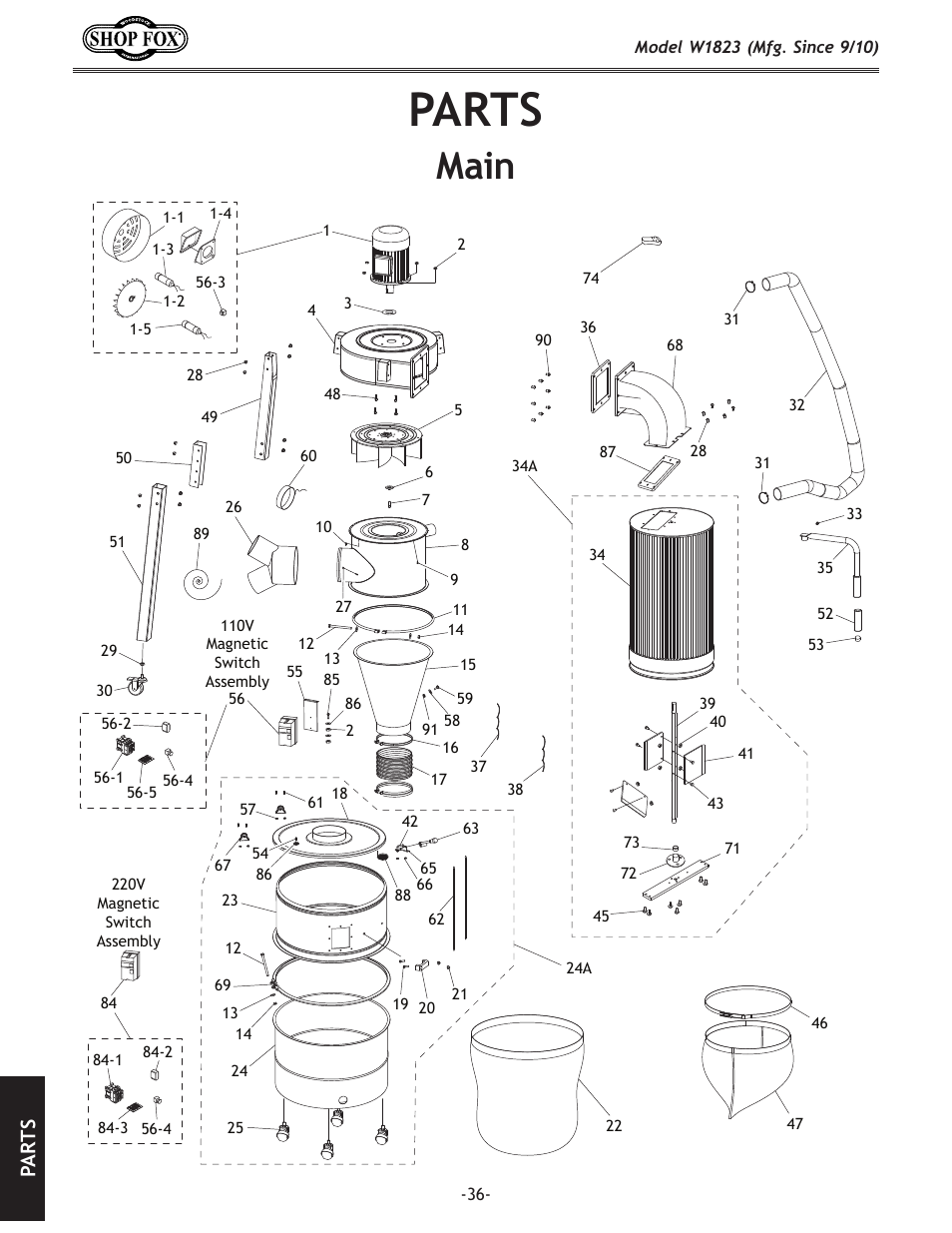 Parts, Main, Pa rt s | Woodstock PORTABLECYCLONE W1823 User Manual | Page 38 / 44