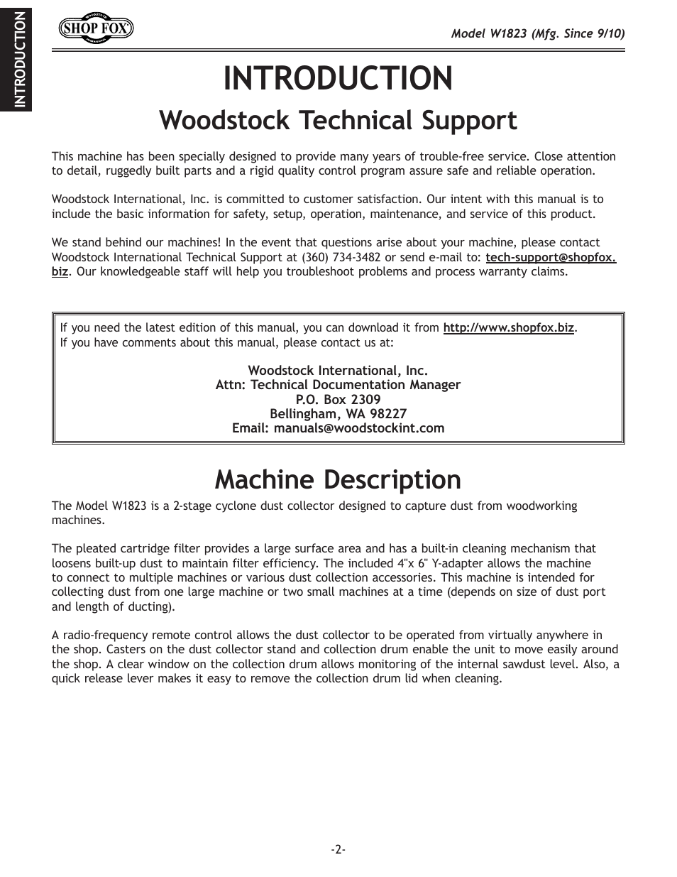 Introduction, Woodstock technical support, Machine description | Woodstock PORTABLECYCLONE W1823 User Manual | Page 4 / 44