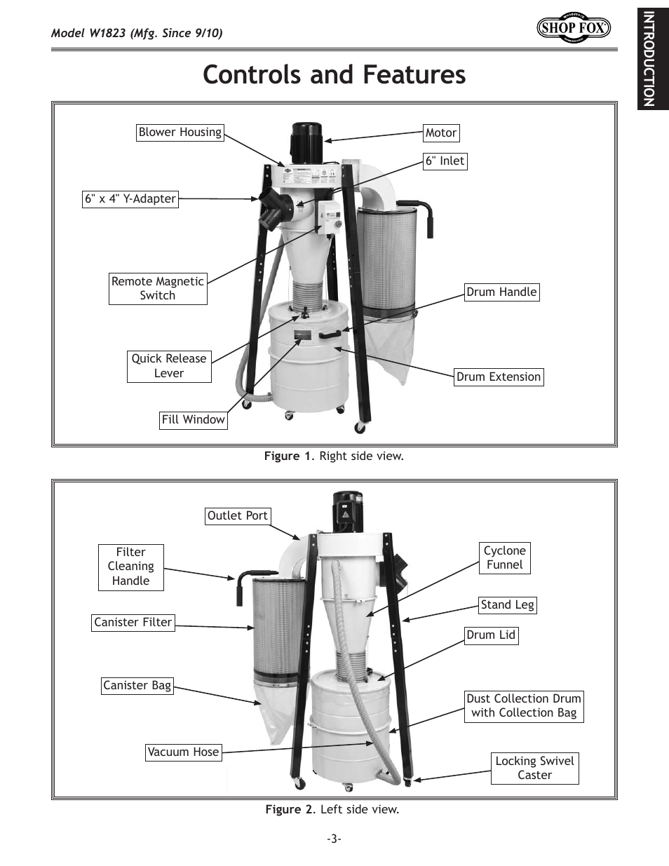 Controls and features | Woodstock PORTABLECYCLONE W1823 User Manual | Page 5 / 44