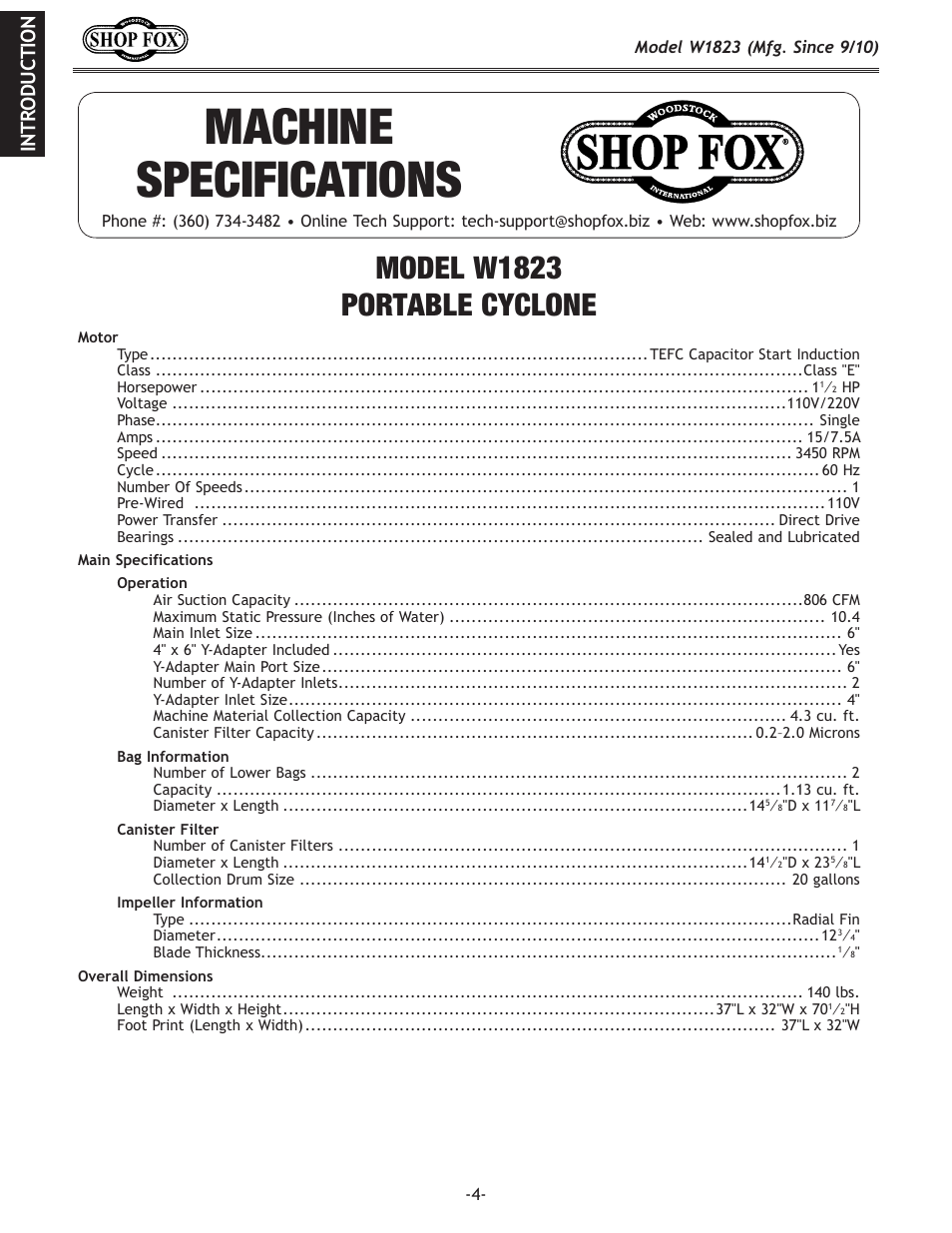 Woodstock PORTABLECYCLONE W1823 User Manual | Page 6 / 44