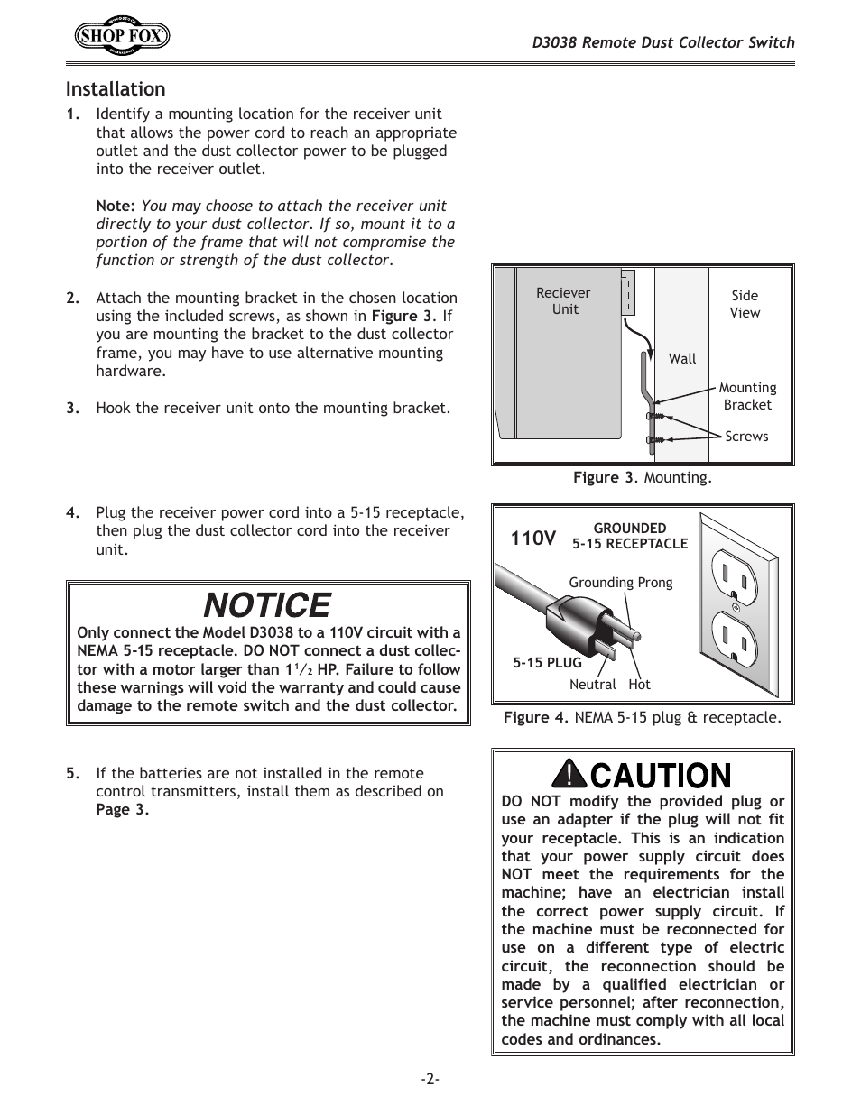 110v, Installation | Woodstock D3038 User Manual | Page 2 / 3