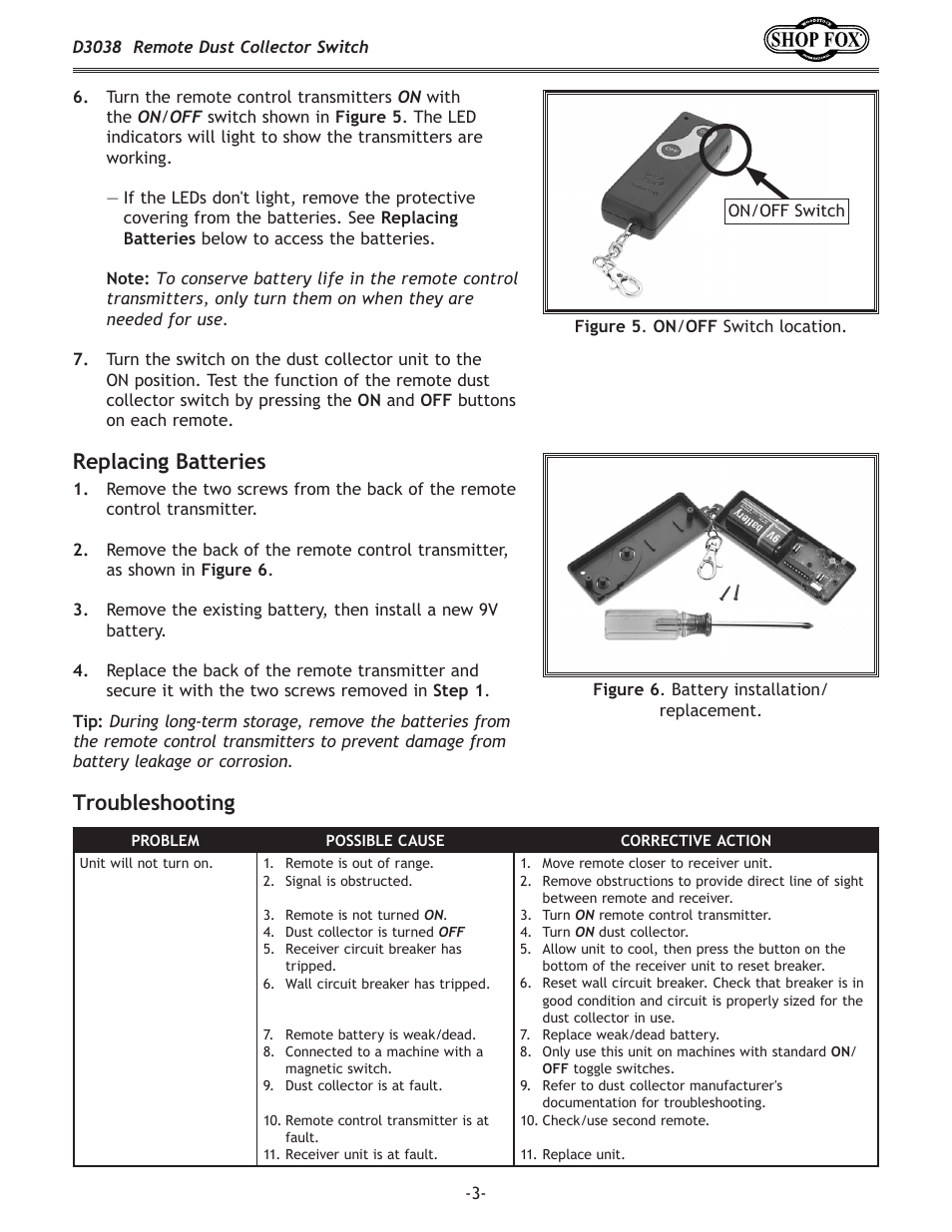 Troubleshooting replacing batteries | Woodstock D3038 User Manual | Page 3 / 3