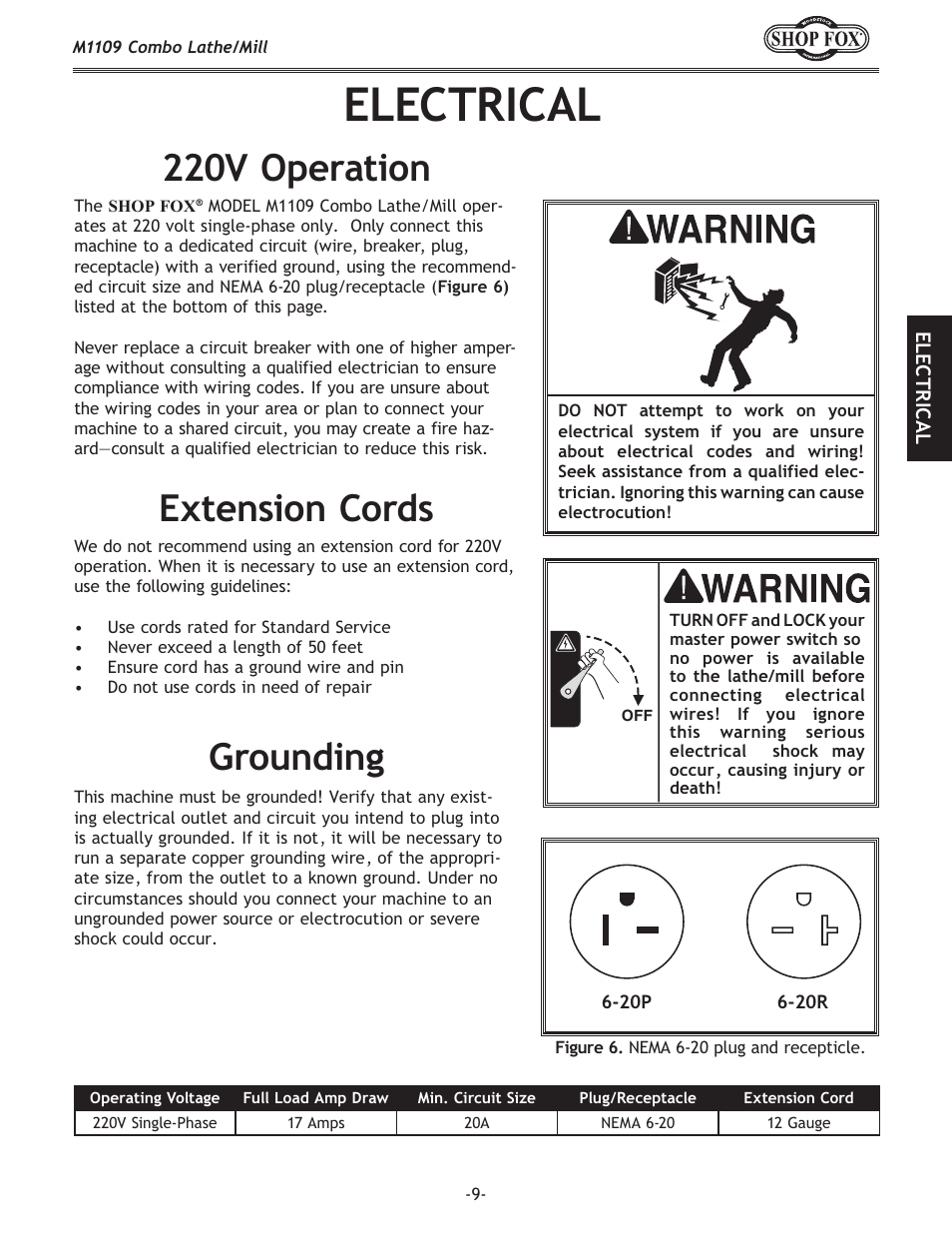 Electrical, Extension cords grounding, 220v operation | Woodstock M1109 User Manual | Page 11 / 74