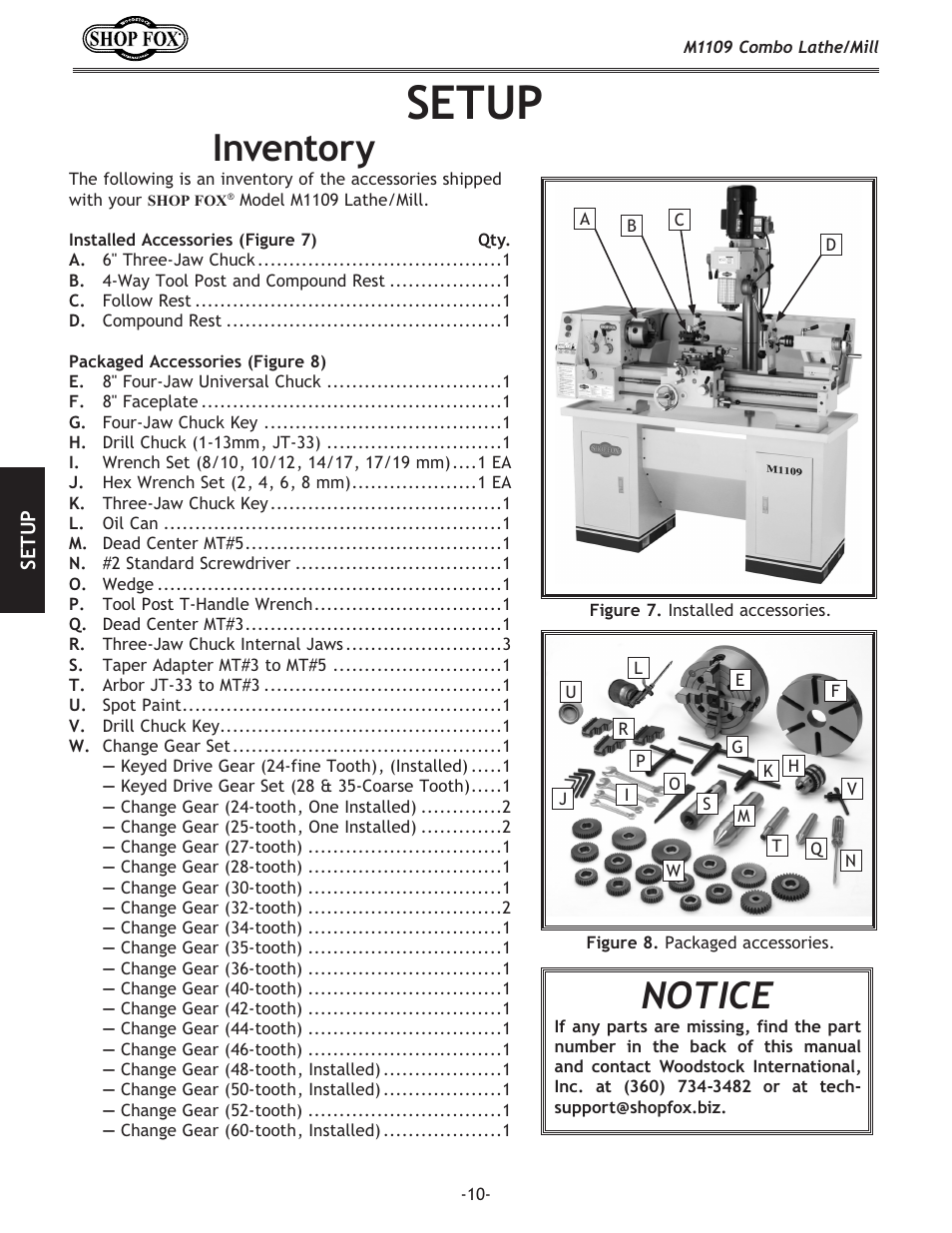 Setup, Notice, Inventory | Woodstock M1109 User Manual | Page 12 / 74