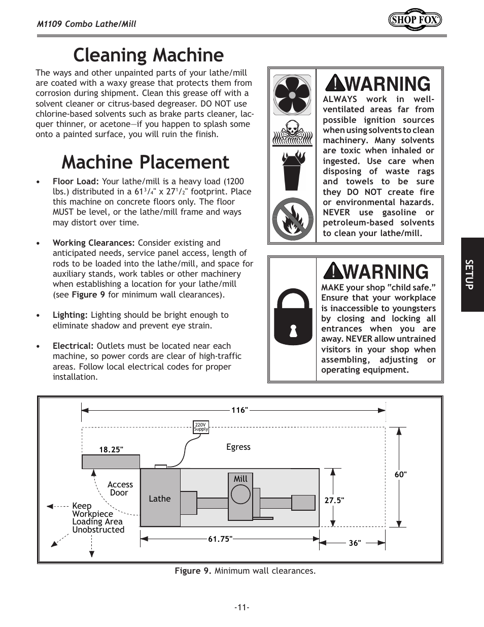 Cleaning machine, Machine placement | Woodstock M1109 User Manual | Page 13 / 74
