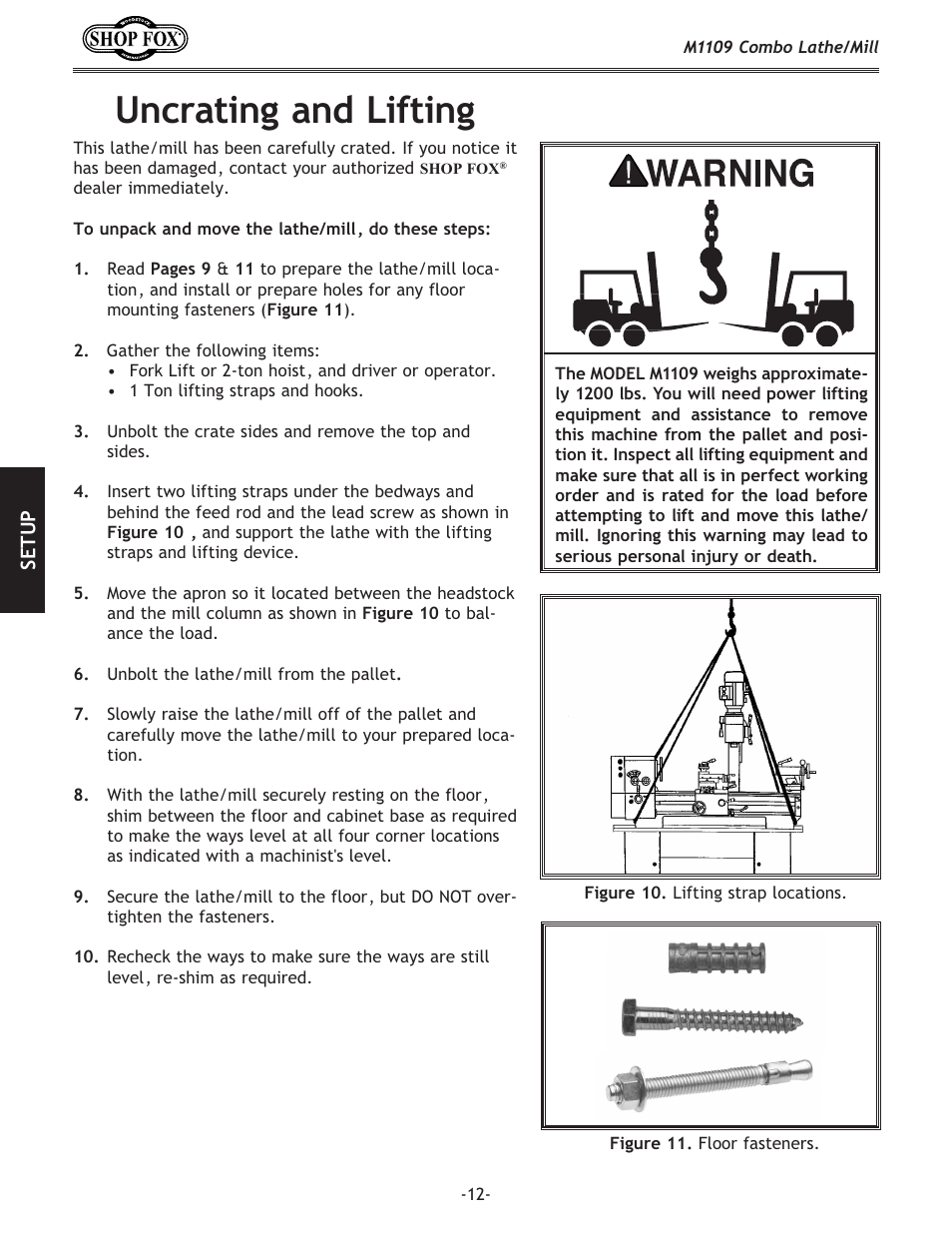 Uncrating and lifting | Woodstock M1109 User Manual | Page 14 / 74