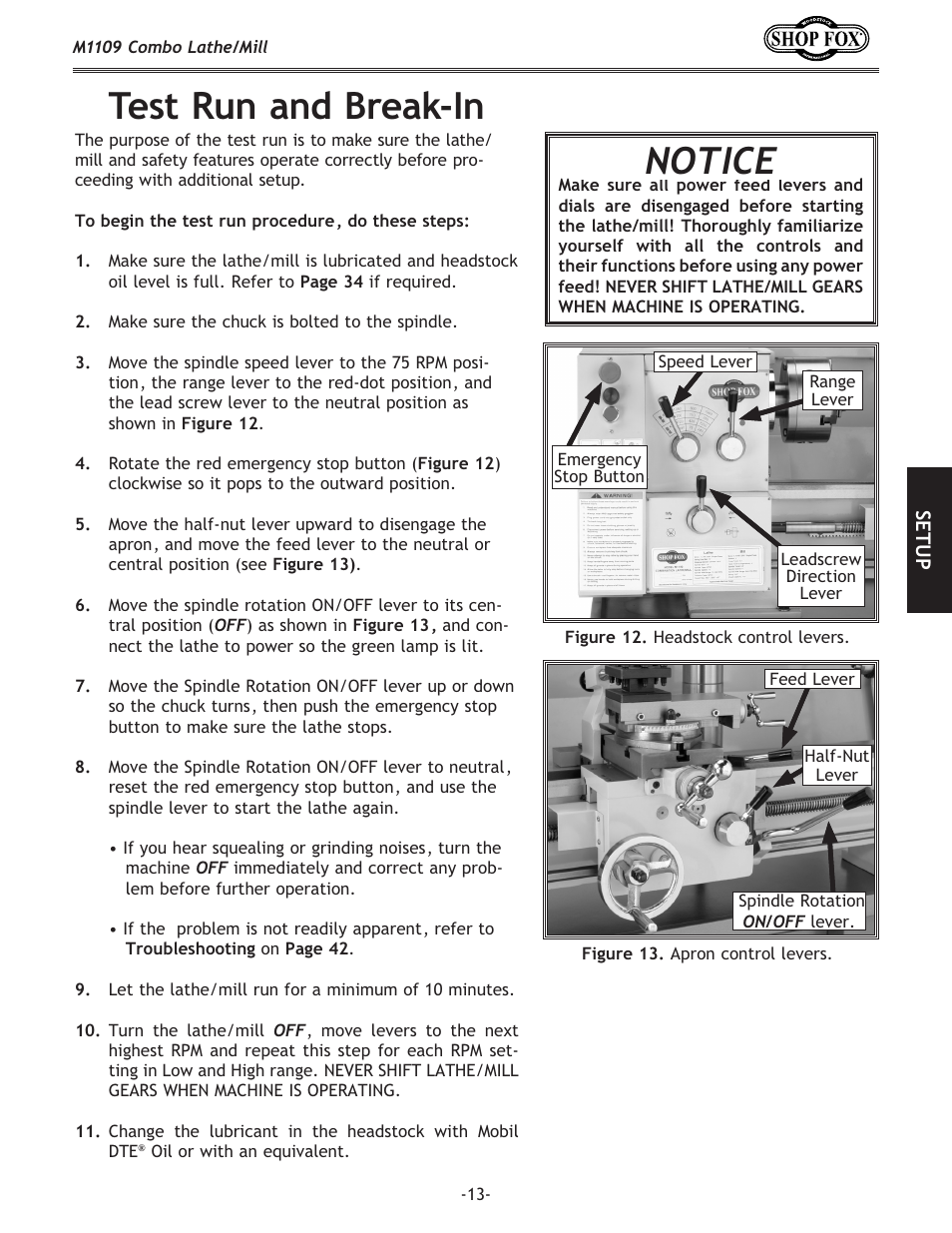 Test run and break-in, Notice | Woodstock M1109 User Manual | Page 15 / 74