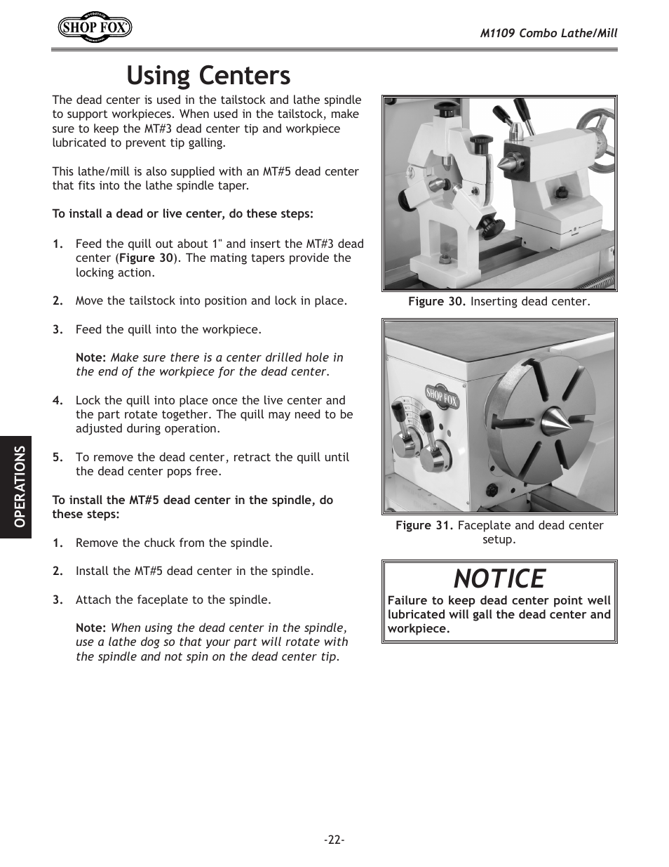 Using centers, Notice | Woodstock M1109 User Manual | Page 24 / 74