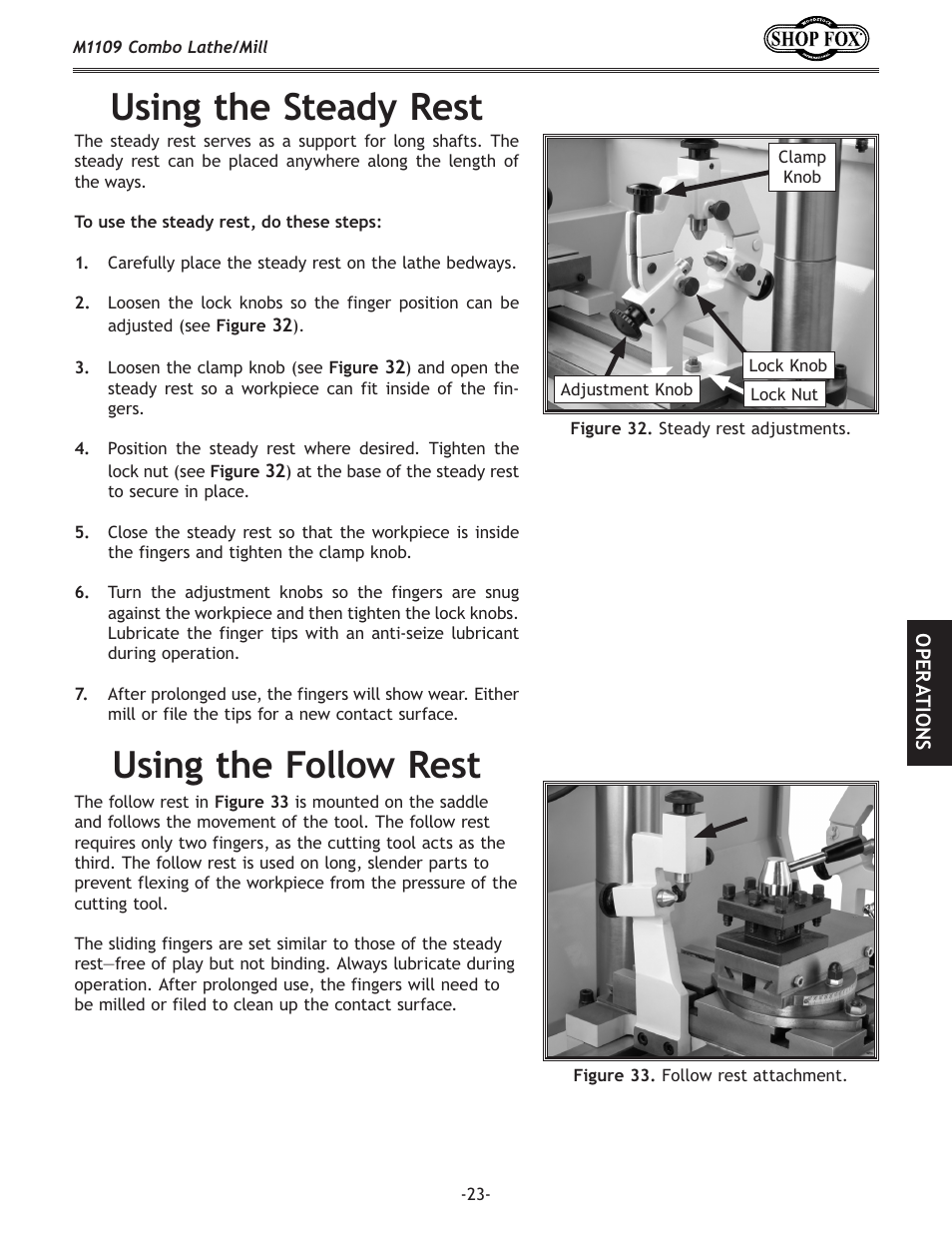 Using the follow rest, Using the steady rest | Woodstock M1109 User Manual | Page 25 / 74