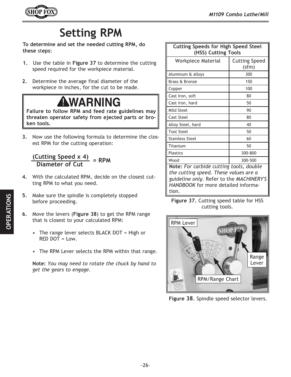 Setting rpm | Woodstock M1109 User Manual | Page 28 / 74