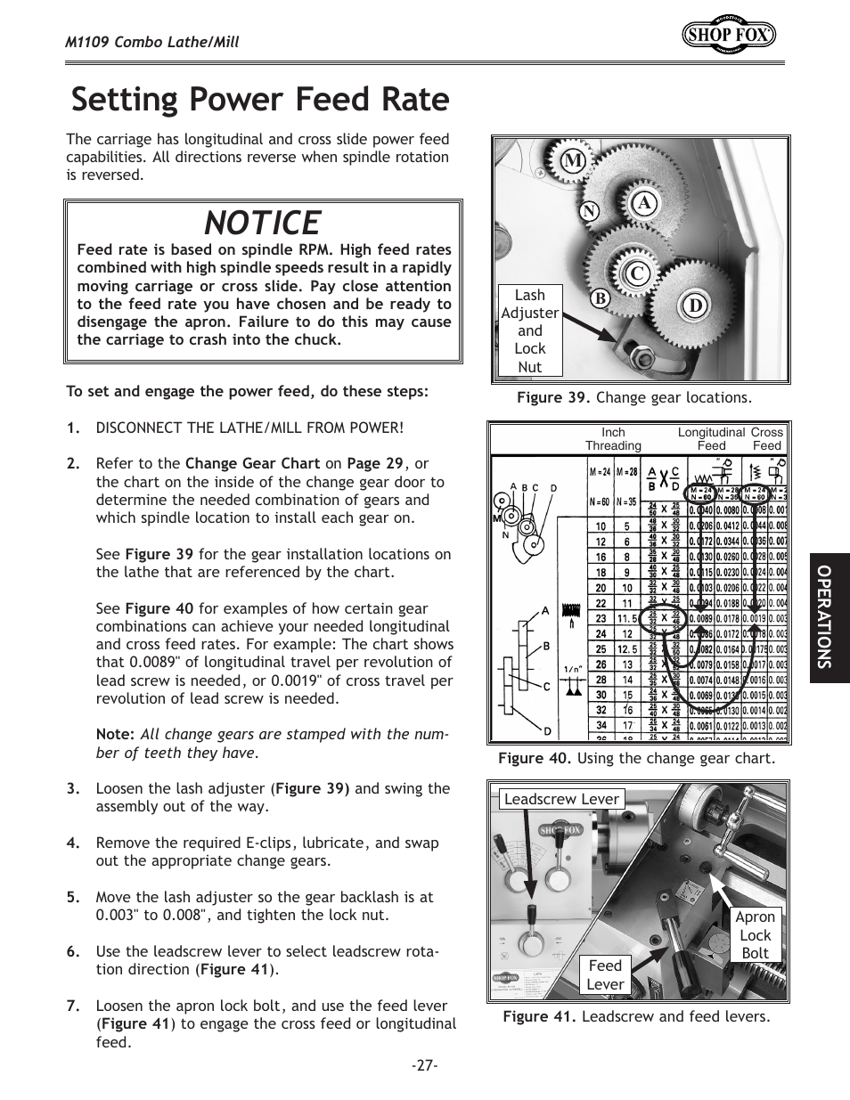 Setting power feed rate, Notice | Woodstock M1109 User Manual | Page 29 / 74