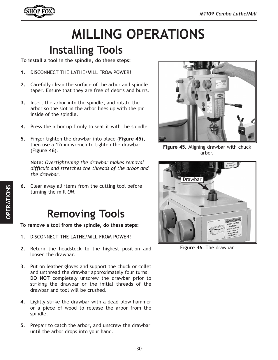 Milling operations, Removing tools, Installing tools | Woodstock M1109 User Manual | Page 32 / 74