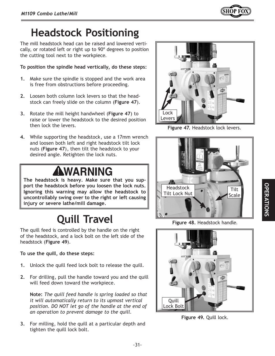 Quill travel, Headstock positioning | Woodstock M1109 User Manual | Page 33 / 74