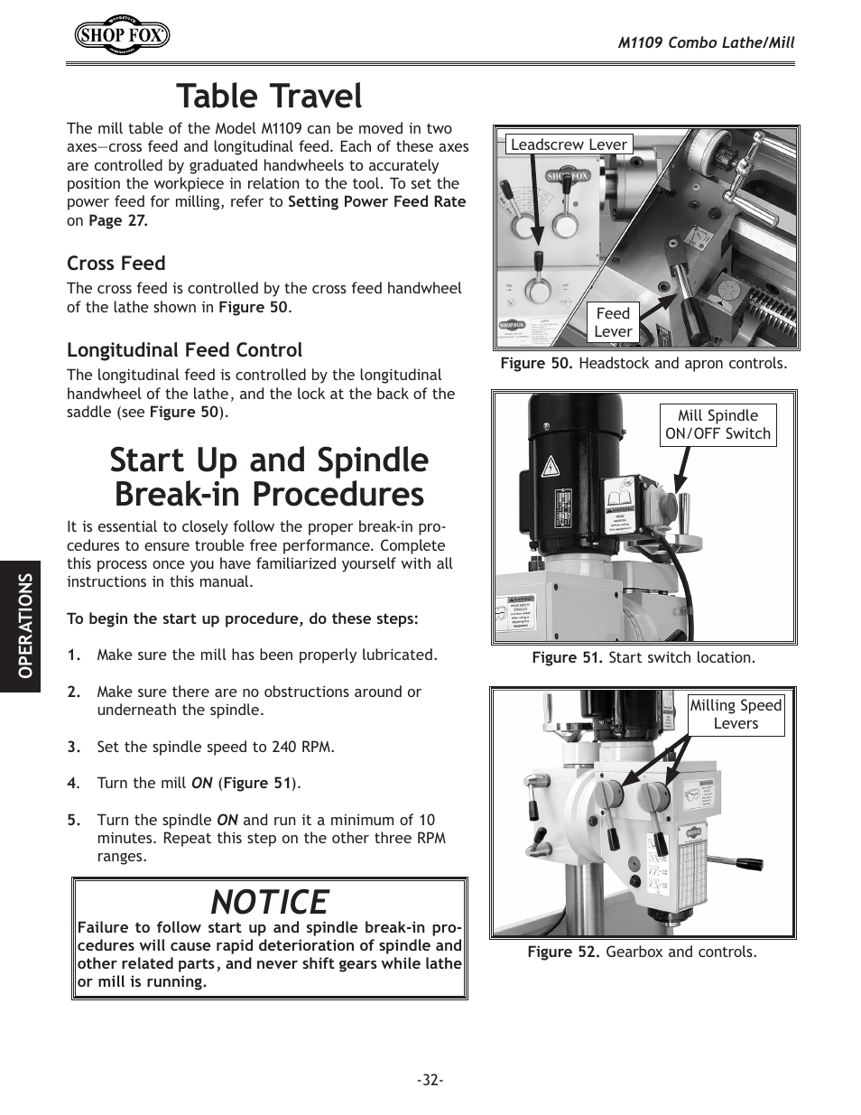 Table travel, Start up and spindle break-in procedures, Notice | Woodstock M1109 User Manual | Page 34 / 74