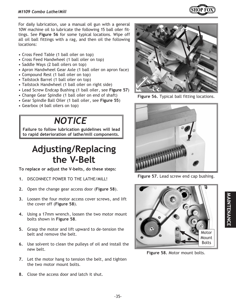 Notice, Adjusting/replacing the v-belt | Woodstock M1109 User Manual | Page 37 / 74