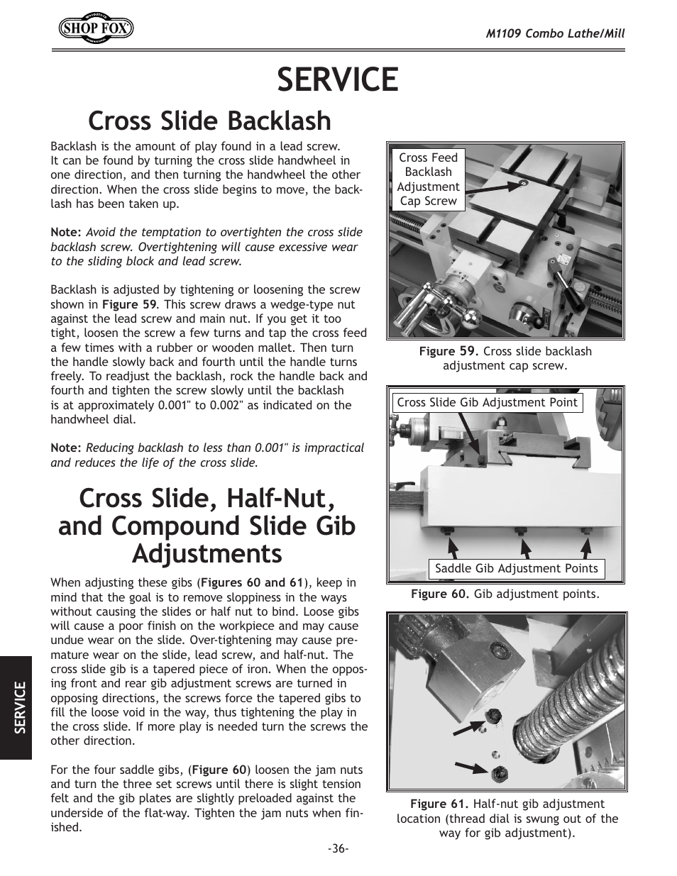 Service, Cross slide backlash | Woodstock M1109 User Manual | Page 38 / 74