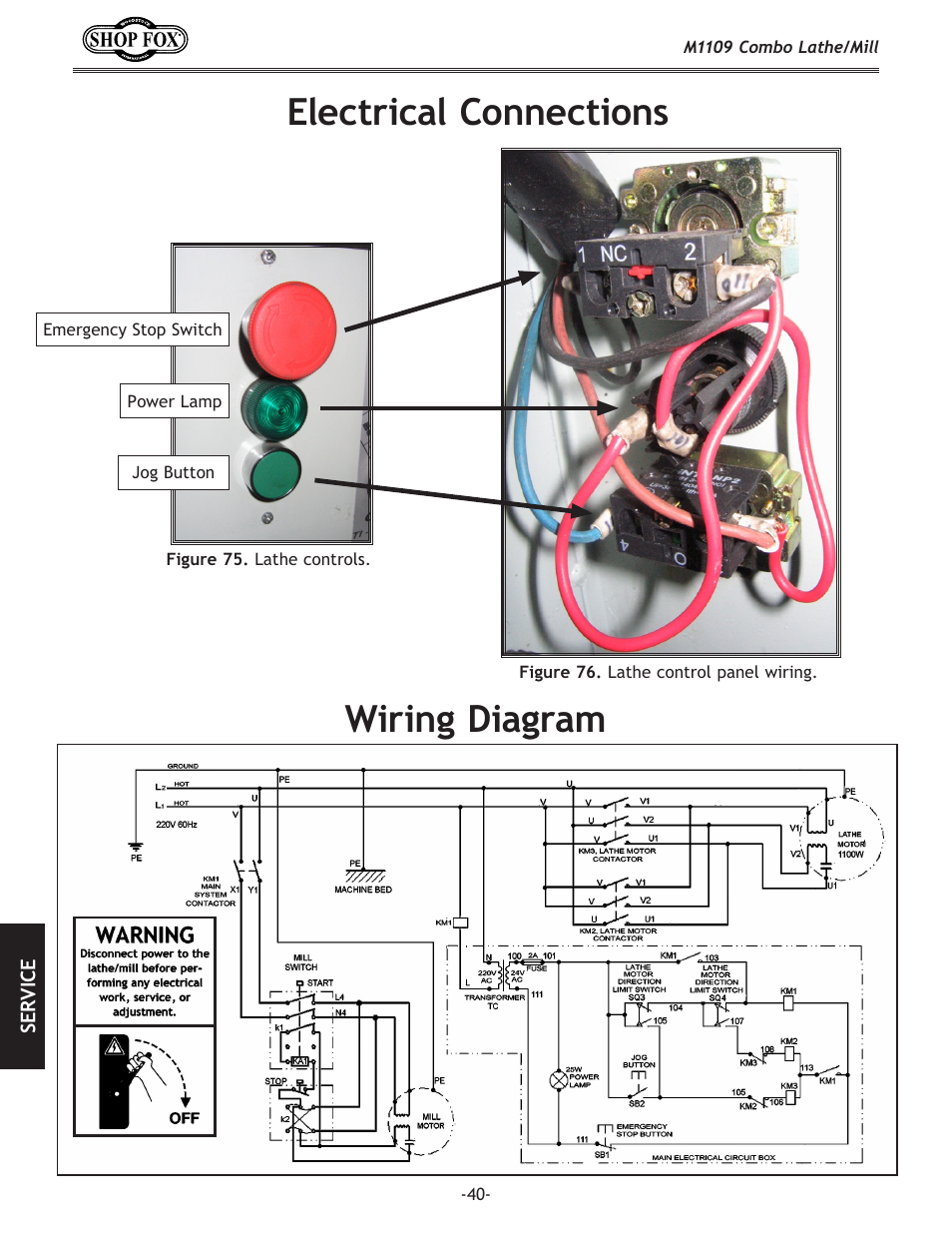 Wiring diagram, Electrical connections | Woodstock M1109 User Manual | Page 42 / 74
