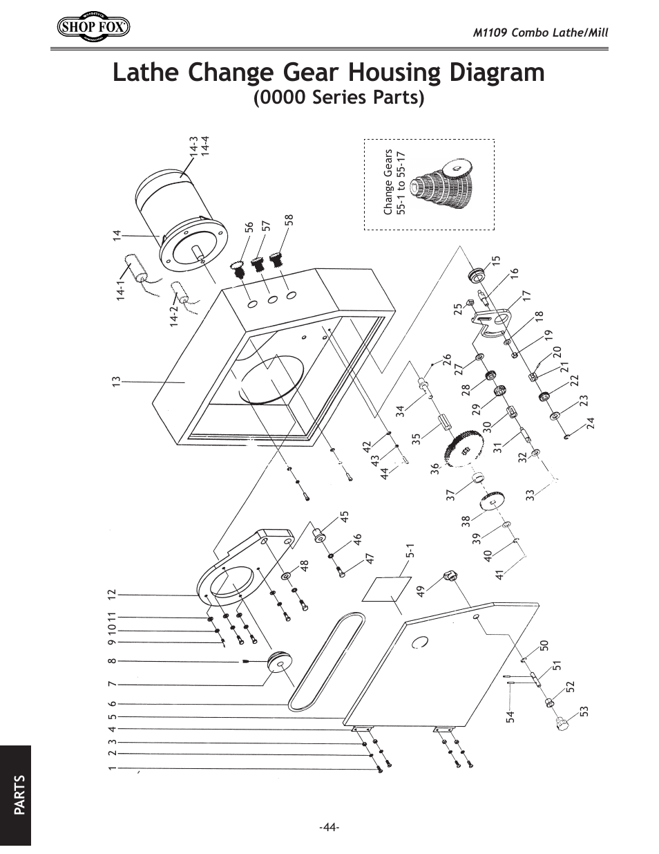 Lathe change gear housing diagram, 0000 series parts), Pa rt s | Woodstock M1109 User Manual | Page 46 / 74