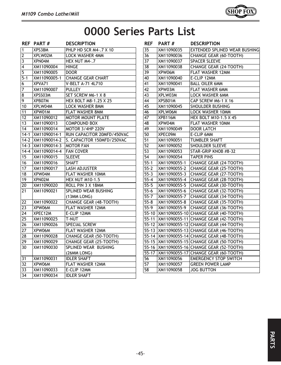 0000 series parts list, Pa rt s | Woodstock M1109 User Manual | Page 47 / 74