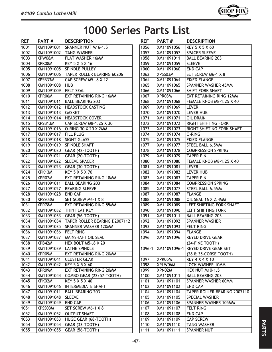 1000 series parts list, Pa rt s | Woodstock M1109 User Manual | Page 49 / 74