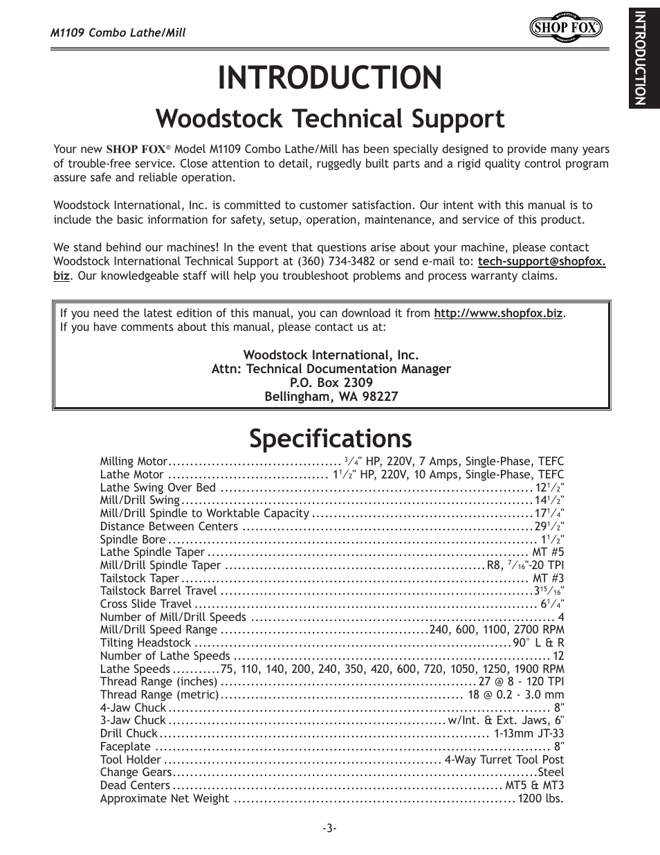 Introduction, Woodstock technical support, Specifications | Woodstock M1109 User Manual | Page 5 / 74