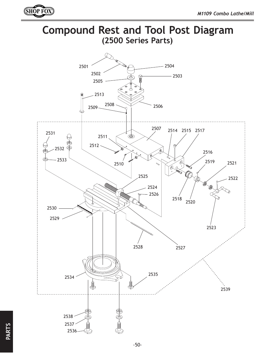 Compound rest and tool post diagram, 2500 series parts), Pa rt s | Woodstock M1109 User Manual | Page 52 / 74