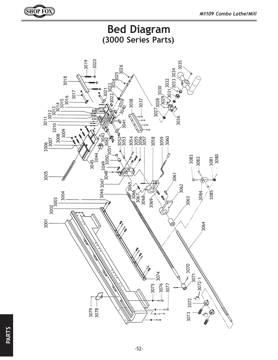 Bed diagram, 3000 series parts), Pa rt s | Woodstock M1109 User Manual | Page 54 / 74