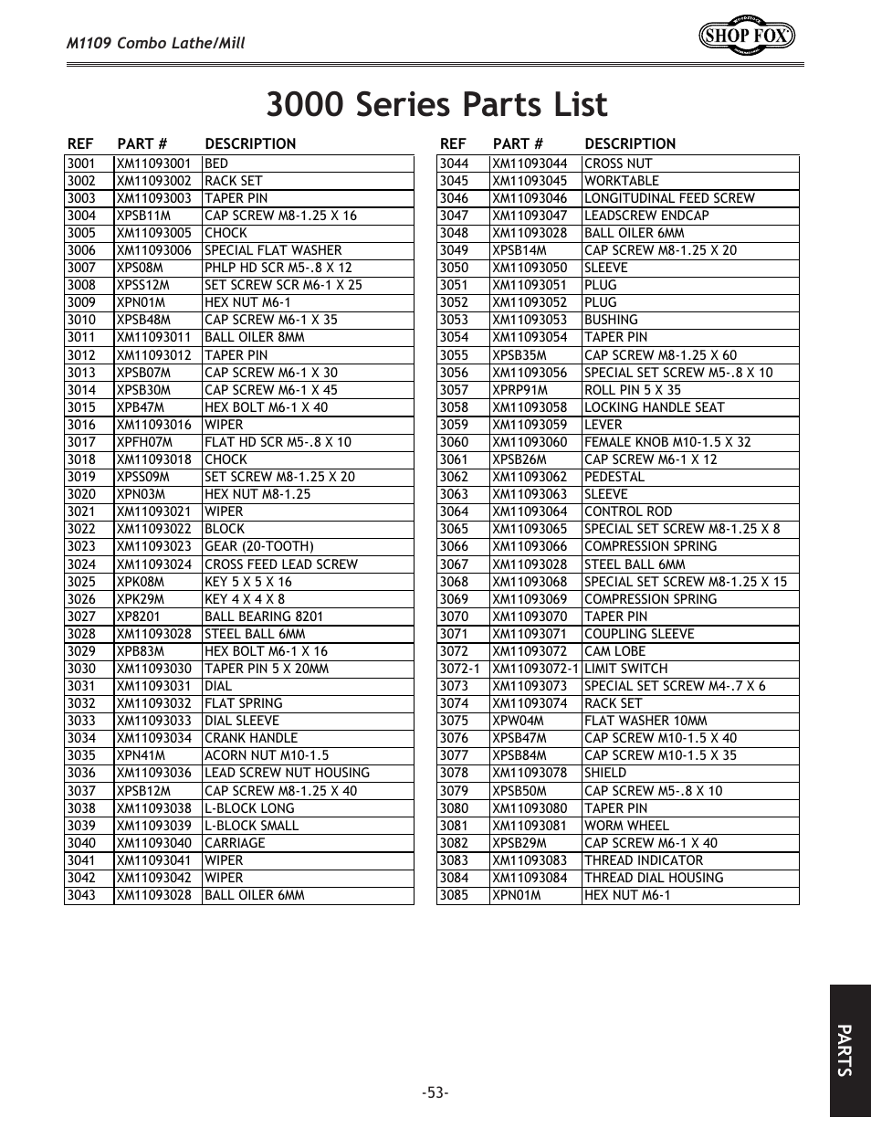 3000 series parts list, Pa rt s | Woodstock M1109 User Manual | Page 55 / 74