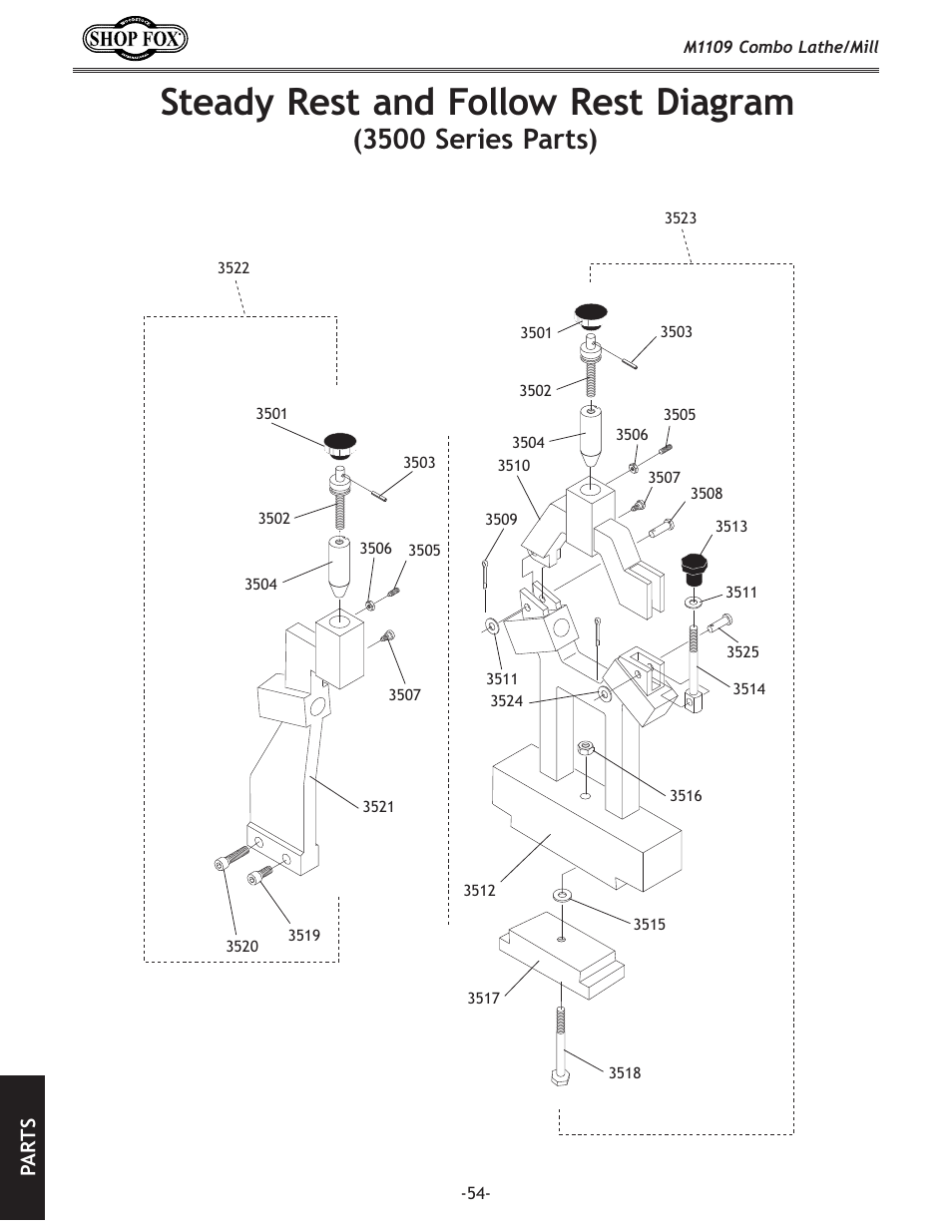 Steady rest and follow rest diagram, 3500 series parts), Pa rt s | Woodstock M1109 User Manual | Page 56 / 74