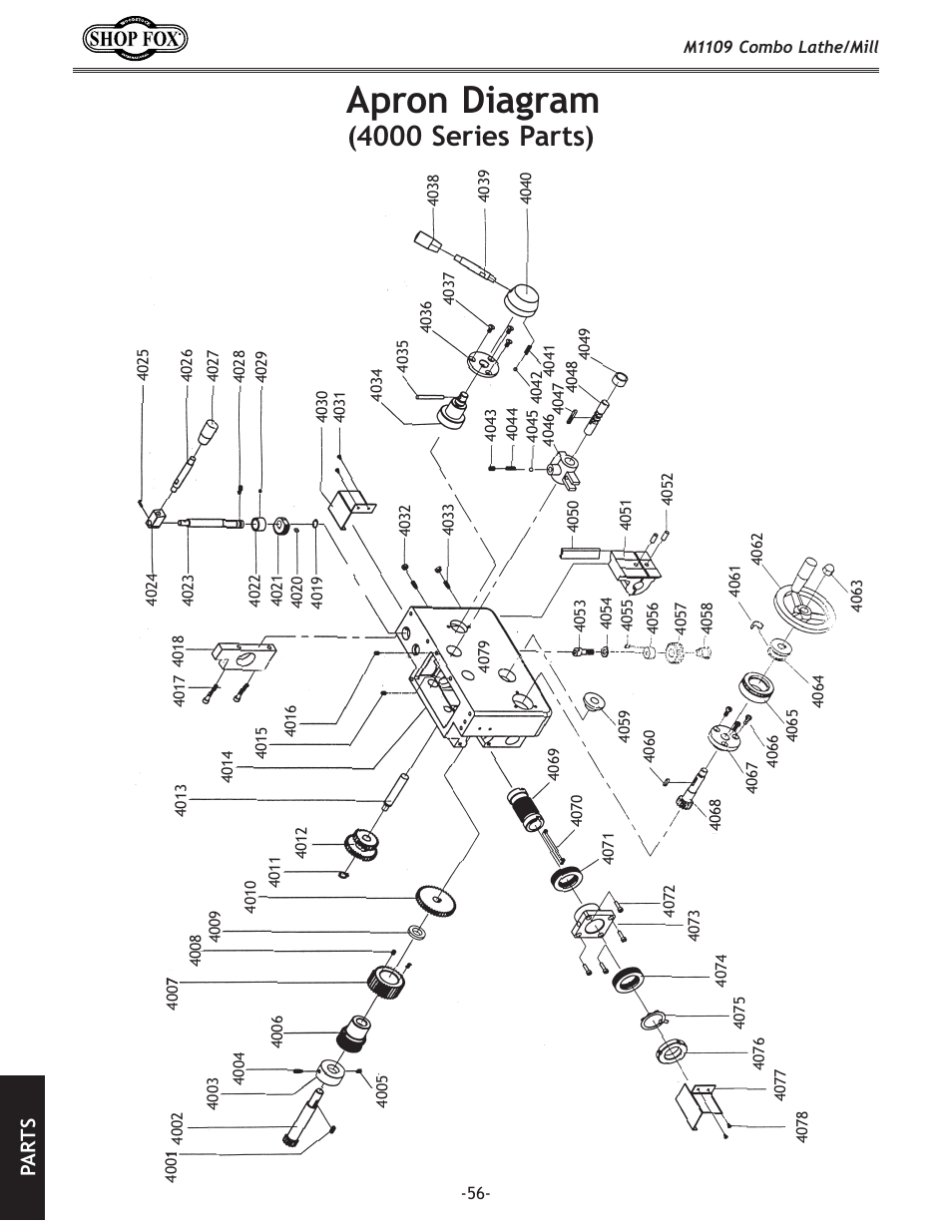 Apron diagram, 4000 series parts), Pa rt s | Woodstock M1109 User Manual | Page 58 / 74