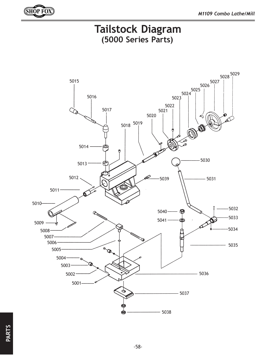 Tailstock diagram, 5000 series parts), Pa rt s | Woodstock M1109 User Manual | Page 60 / 74