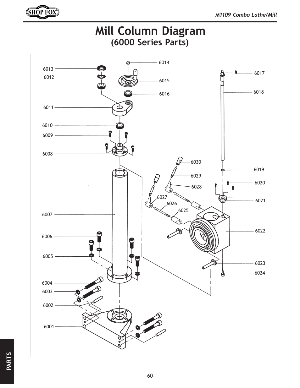 Mill column diagram, 6000 series parts), Pa rt s | Woodstock M1109 User Manual | Page 62 / 74