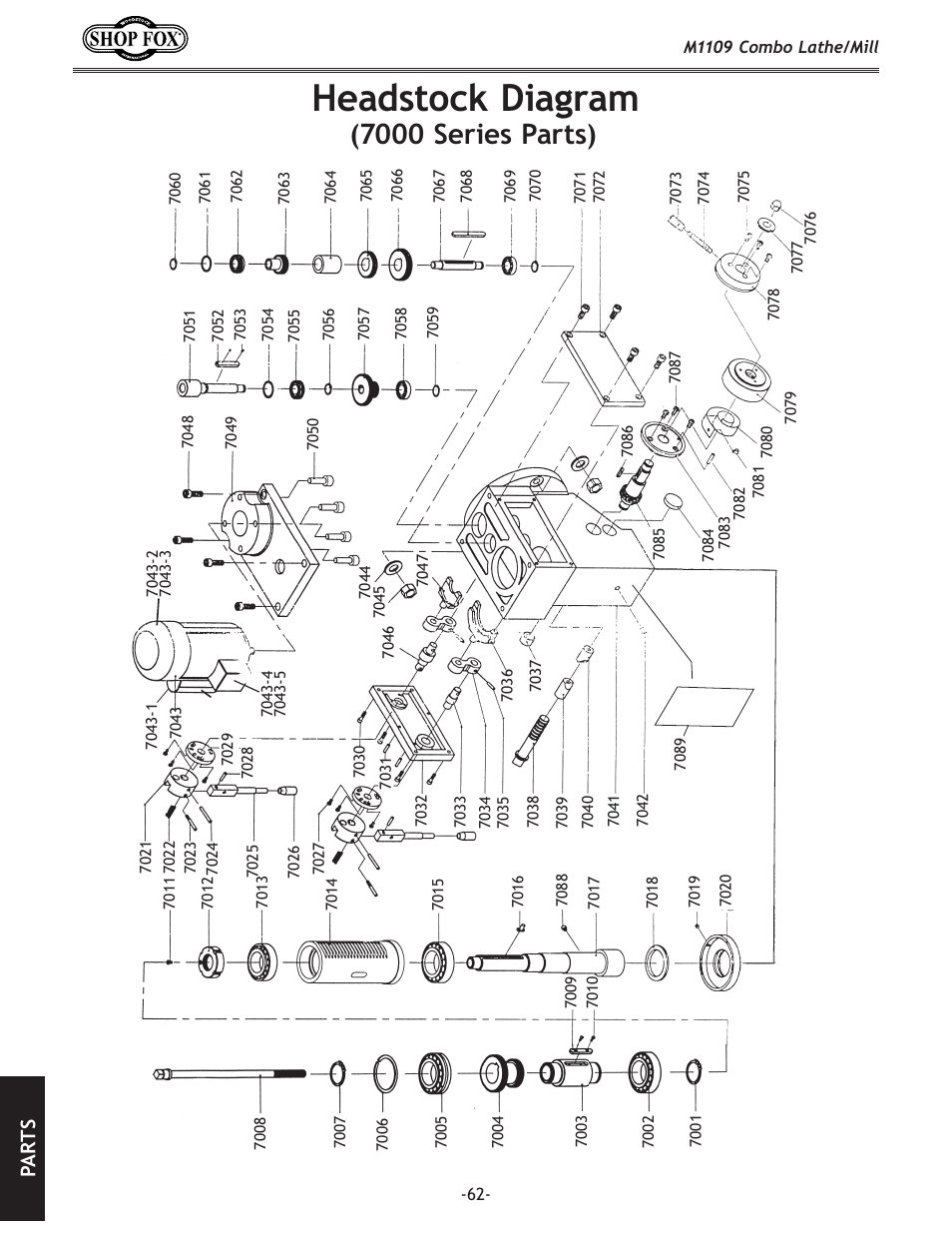 Headstock diagram, 7000 series parts), Pa rt s | Woodstock M1109 User Manual | Page 64 / 74